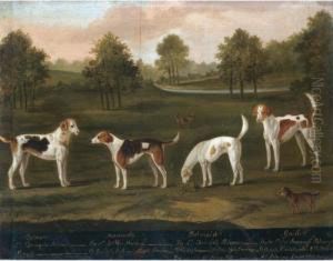 Portrait Of Hounds: Belman,
Mannerly, Belmaid And Guider, Together With Two Spaniels In A Landscape by J. Francis Sartorius