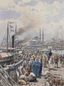 The Old Galatea Bridge connecting Karakoy to Eminonu Over the Golden Horn, Istanbul by Themistocles Von Eckenbrecher