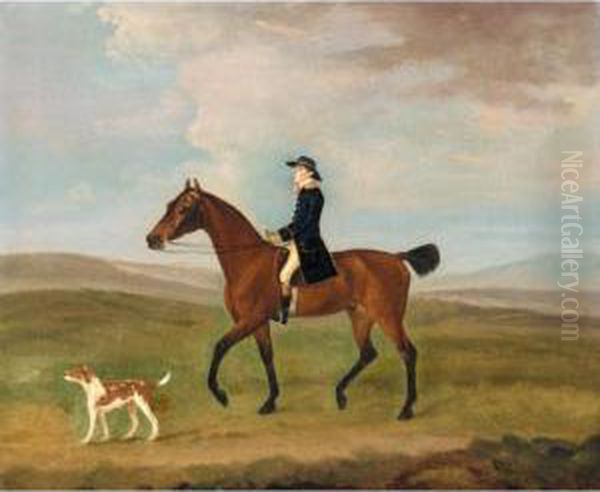 A Liveried Groom Exercising A Bay Hunter Accompanied By A Dog - view 1