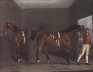 A Stable Interior With The Racehorses ``traveller`` And ``atlas`` Held By A Groom
