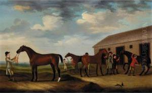 Four Racehorses Outside The Rubbing Down House, Newmarket