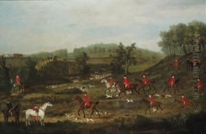 A Hunt In A Wooded Landscape, With A Fortified House And A Churchbeyond by J. Francis Sartorius