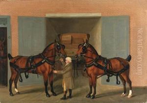 Harnessed Carriage Horses With A
Groom Outside A Coachhouse; And Ahorse And Carriage Held By A Groom
With A Boy On A Bay Cob In Alandscape - view 1