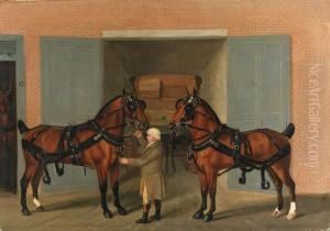 Harnessed Carriage Horses With A
Groom Outside A Coachhouse; And Ahorse And Carriage Held By A Groom
With A Boy On A Bay Cob In Alandscape by J. Francis Sartorius