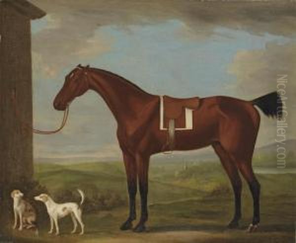 A Saddled Bay Hunter Tethered To
 A Wall, With Two Hounds, A Churchin The Landscape Beyond - view 1