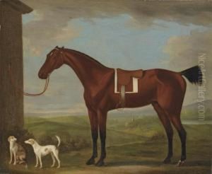A Saddled Bay Hunter Tethered To
 A Wall, With Two Hounds, A Churchin The Landscape Beyond
