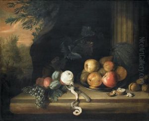 Apples, A Melon, Grapes, A Peeled Lemon And Walnuts