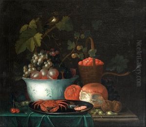 A Basket Of Wild Strawberries With A Pewter Dish And A
