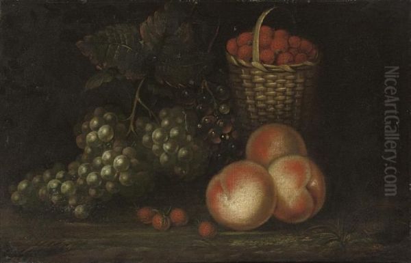 Peaches And Grapes With A Wicker Basket Of Wild Strawberries - view 1