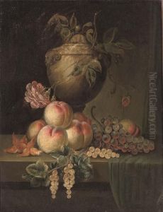 Grapes On The Vine, Peaches,
Apricots And Cherries On A Stone Ledge; And Roses In A Sculpted Urn With
Peaches And Grapes On The Vine On A Stone Ledge by William Sartorius