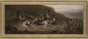 Mallard Drakes Fighting, With Ducks And Ducklings In A Stream by William Sartorius