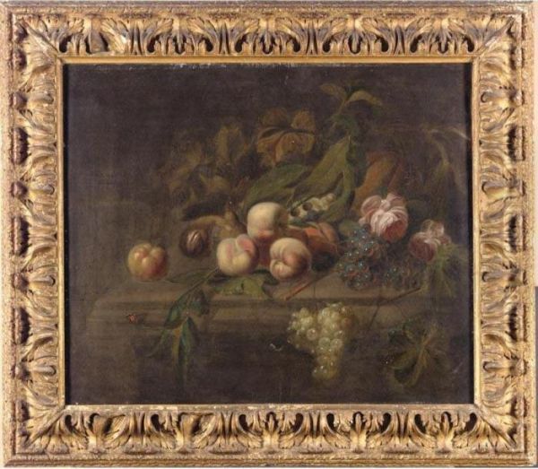 Still Life With Peaches, Grapes,
A Melon And Other Fruit Together On A Stone With A Butterfly And A Rose - view 1