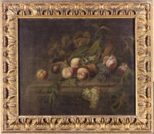 Still Life With Peaches, Grapes,
A Melon And Other Fruit Together On A Stone With A Butterfly And A Rose by William Sartorius