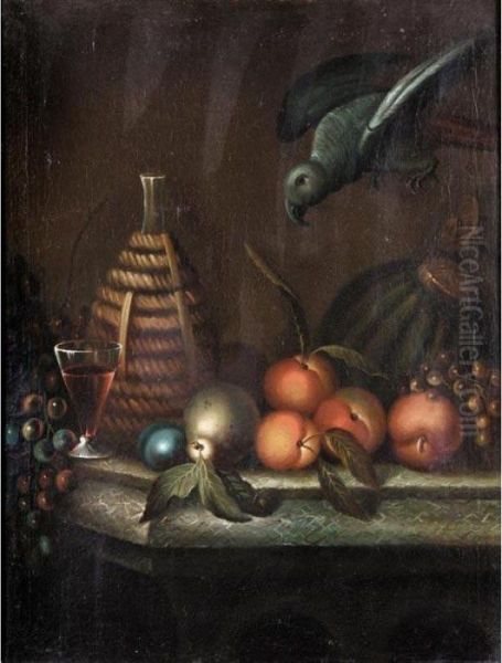 Still Life With A Glass Of Wine
And A Flagon, Together With Grapes, A Melon, Peaches, Plums , An Apple, A
Pear And A Parrot - view 1