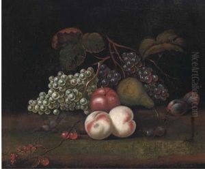 Still Life Of Grapes, Peaches,
An Apple, Pear And Plums, With Abird Eating Cherries To The Side by William Sartorius