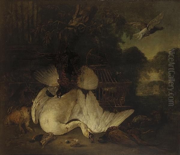 A Wooded Landscape With A Dead
Swan, Pheasants, A Hare, Kingfisher And Partridge With A Basket Of
Pigeons Before A Column, A View To A Country House Beyond - view 1