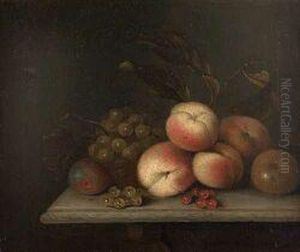 A Still Life Of Grapes, Peaches And Currants On A Marbleledge by William Sartorius