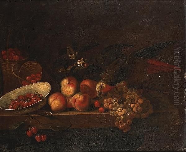 A Porcelain Dish And Baskets Of 
Strawberries With Grapes Cherries And Peaches On A Stone Ledge With A 
Parrot - view 1