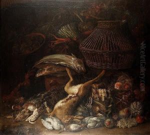 Peaches In A Basket With A Dead 
Hare, Turkey, And Game Birds, With Two Fish On An Earthenware Jar, A 
Chicken Basket, Oysters In An Earthenware Dish, Asparagus, Carrots, 
Artichokes And Other Vegetables In A Basket And On A Shelf Above, A 
Negro Boy  by William Sartorius