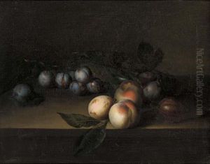 Plums, Peaches And A Fig, On A Ledge by William Sartorius