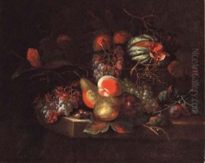 Grapes, Pears, Peaches, And A Melon In A Basket, On A Stoneledge Grapes, Pears, Peaches, And A Melon In A Basket, On A Stoneledge
