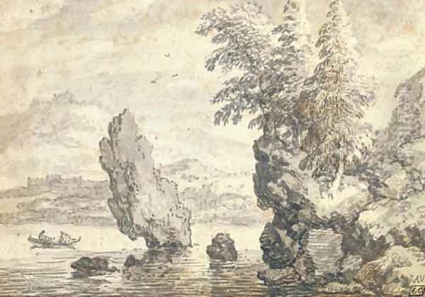 A rocky coastal landscape with pine trees, figures in a rowing boat beyond - view 1