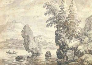 A rocky coastal landscape with pine trees, figures in a rowing boat beyond by Allaert van Everdingen