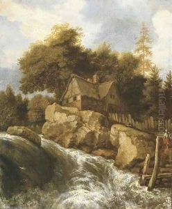 A rocky Nordic landscape with peasants on a path by a waterfall, before a cottage by Allaert van Everdingen