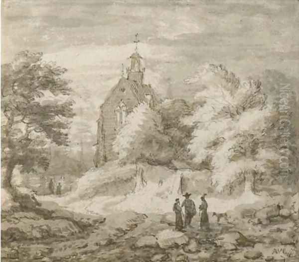 Travellers on a path by a church - view 1