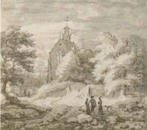 Travellers on a path by a church by Allaert van Everdingen