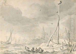 A capriccio of Amsterdam seen from the IJ with the Schreierstoren and the Oude Kerk the Month of April by Allaert van Everdingen