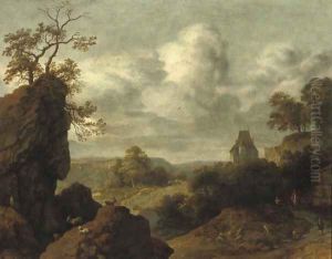 A rocky landscape with figures on a track, a castle beyond by Allaert van Everdingen