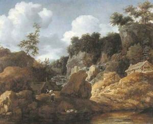 A wooded river landscape with peasants loading a boat by Allaert van Everdingen