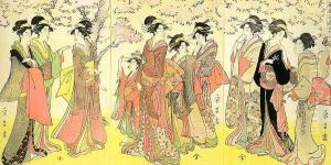 Hanogi from the Ogiya Establishment and Others, triptych, 1789-1801 by Chokosai Eisho