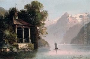 An Alpine Lake Scene by Hubert Sattler