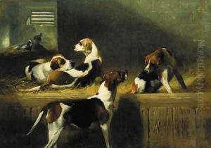 Brocklesby Foxhounds, Scornful, Prudence, Rosebud and Poesy (from left to right) by George Earl