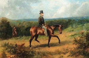 A Gentleman on a bay Hunter in an extensive wooded Landscape by George Earl