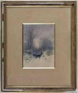 Chevreuils En Foretpar Temps De Neige Soleil Couchant by Octave Alfred Saunier