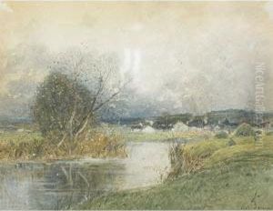 Village Fieldworkers Haying Along A The Riverbank by Octave Alfred Saunier