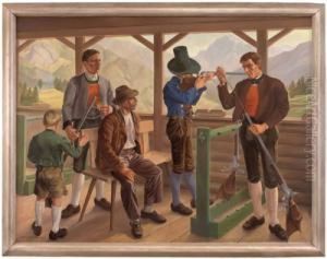 Schutzen Im Schiesstand Vor Alpiner Landschaft by Robert Saurwein
