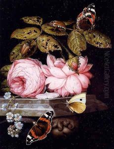 A Still Life With Sprigs Of Guelder-Rose And Forget-Me-Not Resting On A Sculpted Marble Ledge, And Red Admiral Butterflies And A Cabbage White, And Large Bugs by Ottmar The Elder Elliger