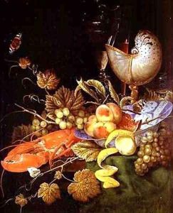 Still life with peaches pomegranate lobster grapes and butterflies by Ottmar The Elder Elliger