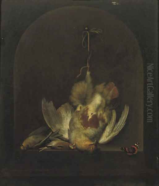 A dead partridge hanging from a nail with two other dead birds in a painted niche, a butterfly nearby - view 1