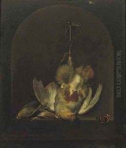 A dead partridge hanging from a nail with two other dead birds in a painted niche, a butterfly nearby by Ottmar The Elder Elliger