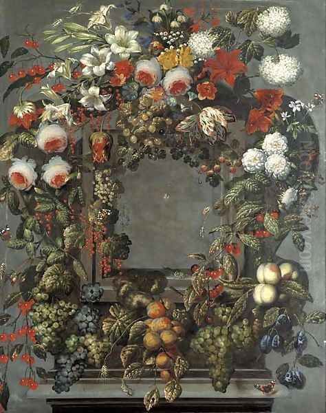 A garland of lilies, rose, tulips and other flowers with bunches of black and white grapes on the vine, cherries, strawberries and other fruit around - view 1