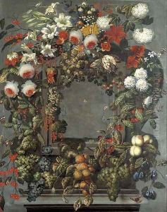 A garland of lilies, rose, tulips and other flowers with bunches of black and white grapes on the vine, cherries, strawberries and other fruit around by Ottmar The Elder Elliger