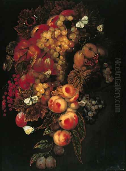 A swag of grapes, prunes, peaches, pomegranates with butterflies and a beetle - view 1