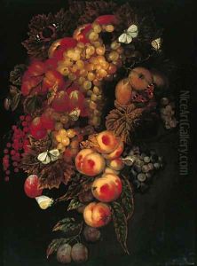 A swag of grapes, prunes, peaches, pomegranates with butterflies and a beetle by Ottmar The Elder Elliger