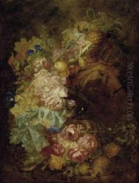 Large Still Life With Roses,
Grapes And Apples And An Ancient Capital. Also A Singing Little Bird By
His Nest And A Viper. Oil On Canvas. Relined. 28 X 97cm. - view 1