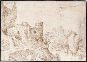 Mountainous River Landscape With A Castle To The Left by Tobias van Haecht (see Verhaecht)